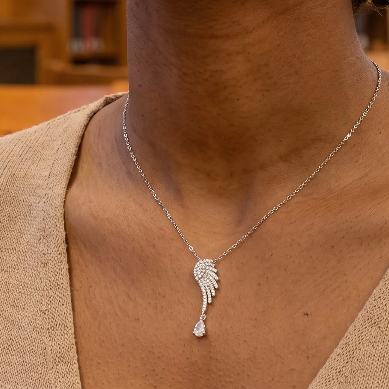 The silver necklace worn, close-up | SKU: 42005-silver