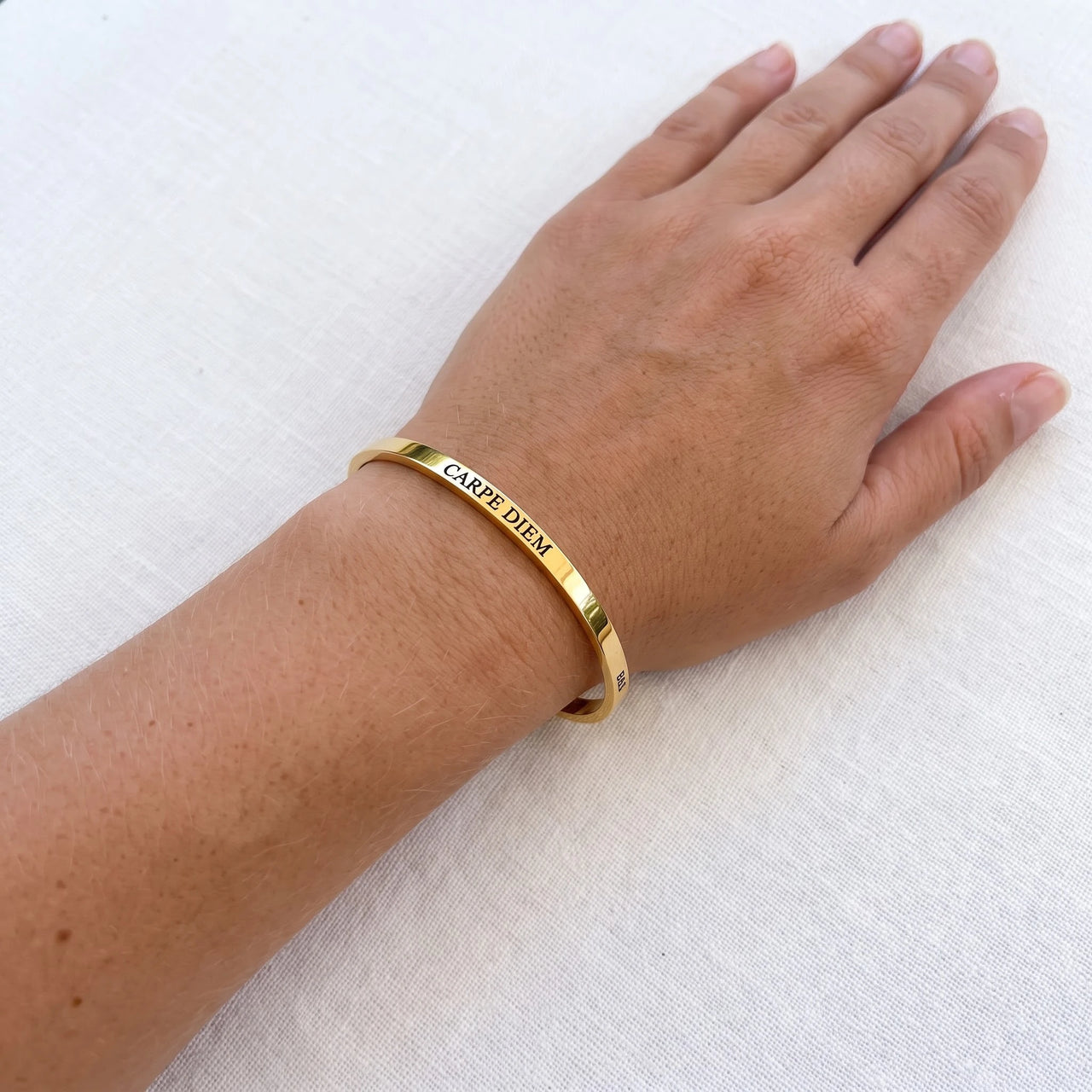 Carpe diem bracelet — worn, real size, gold | SKU: cp-g