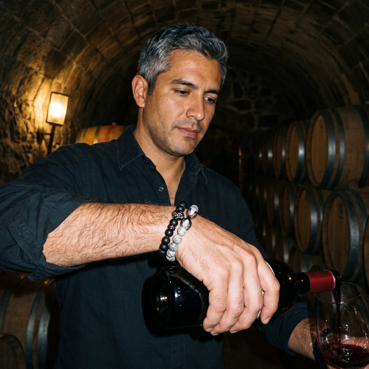 Black Lion with Black & Grey Stones Set – worn while pouring red wine | Brother & Sisters | SKU: 21369621-gun-black-XS-14-15, 21369621-gun-black-S-16-17, 21369621-gun-black-M-18-19, 21369621-gun-black-L-20-21, 21369621-gun-black-XL-22-23