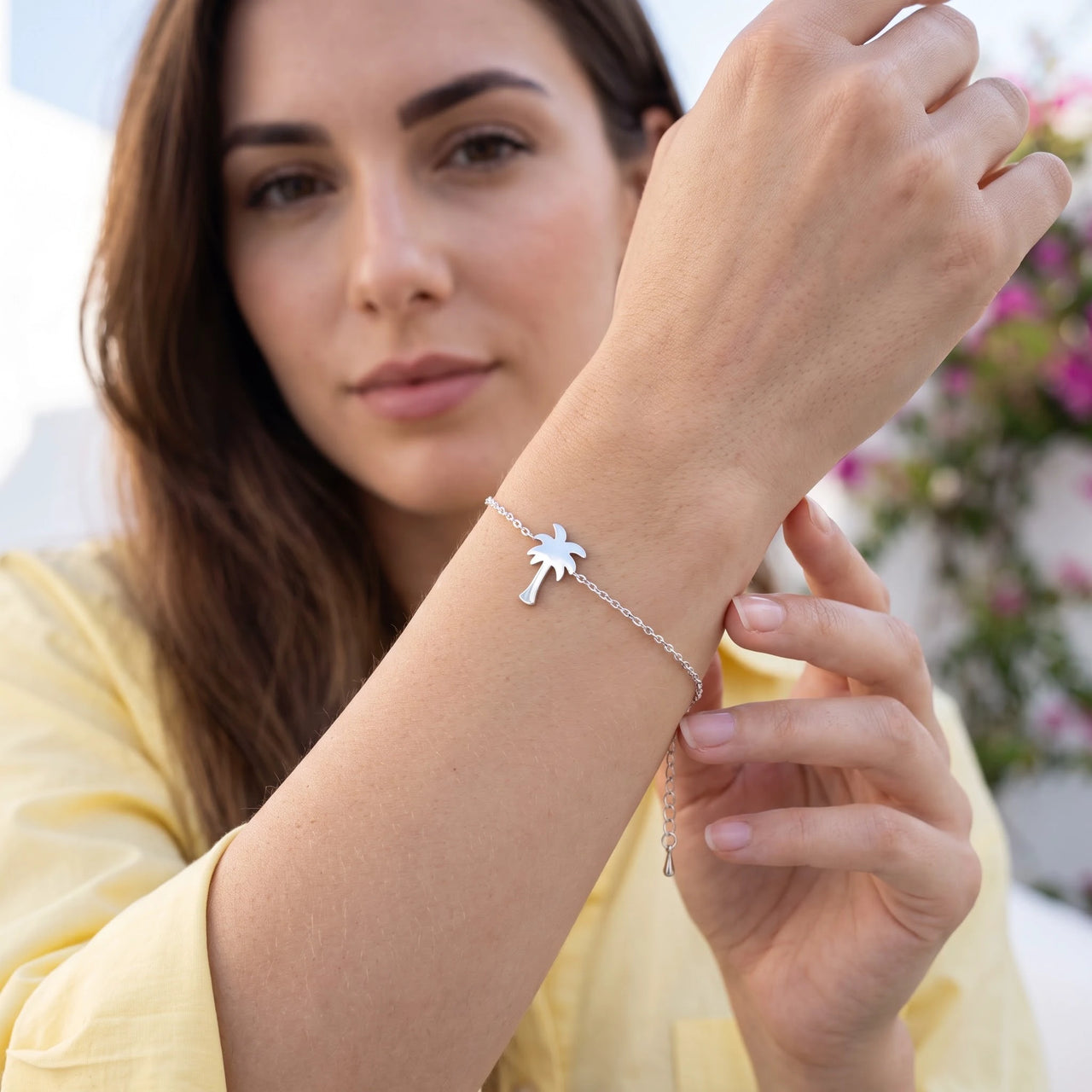Palm tree bracelet — worn, everyday gesture, silver | SKU: 7819407-silver-plated
