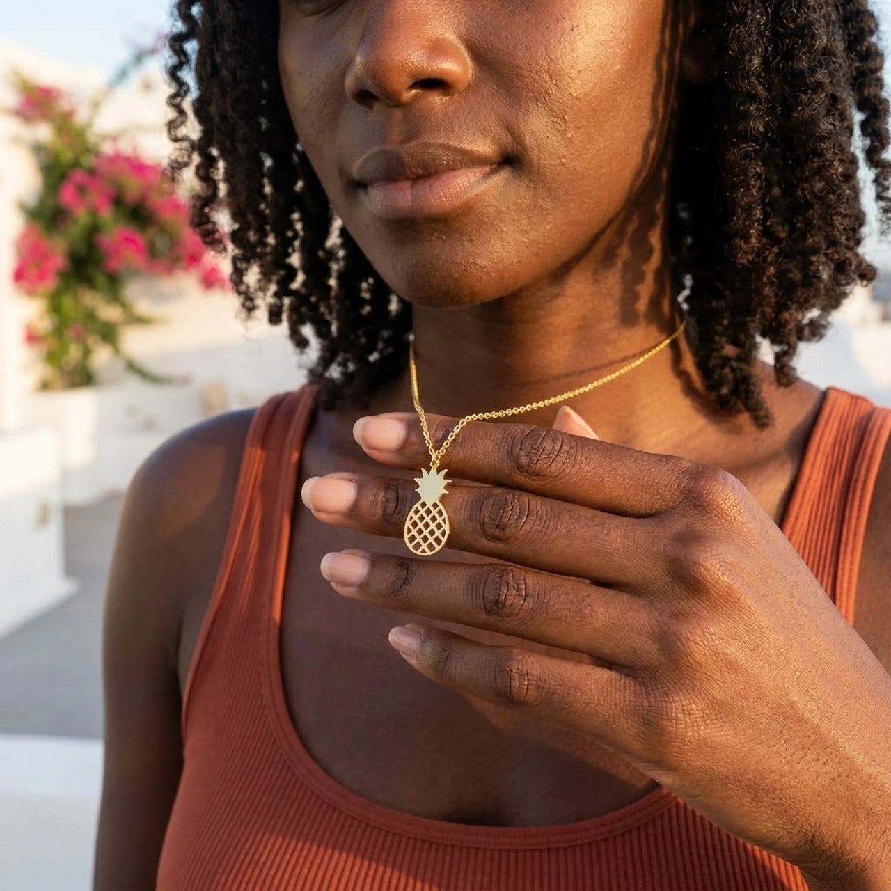 Pineapple necklace — worn, everyday gesture, gold | SKU: 8050907-gold