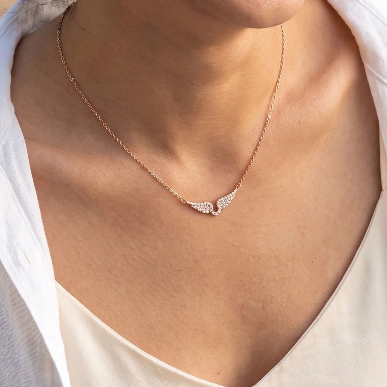 The rose gold necklace worn, close-up | SKU: 42002-rose-gold
