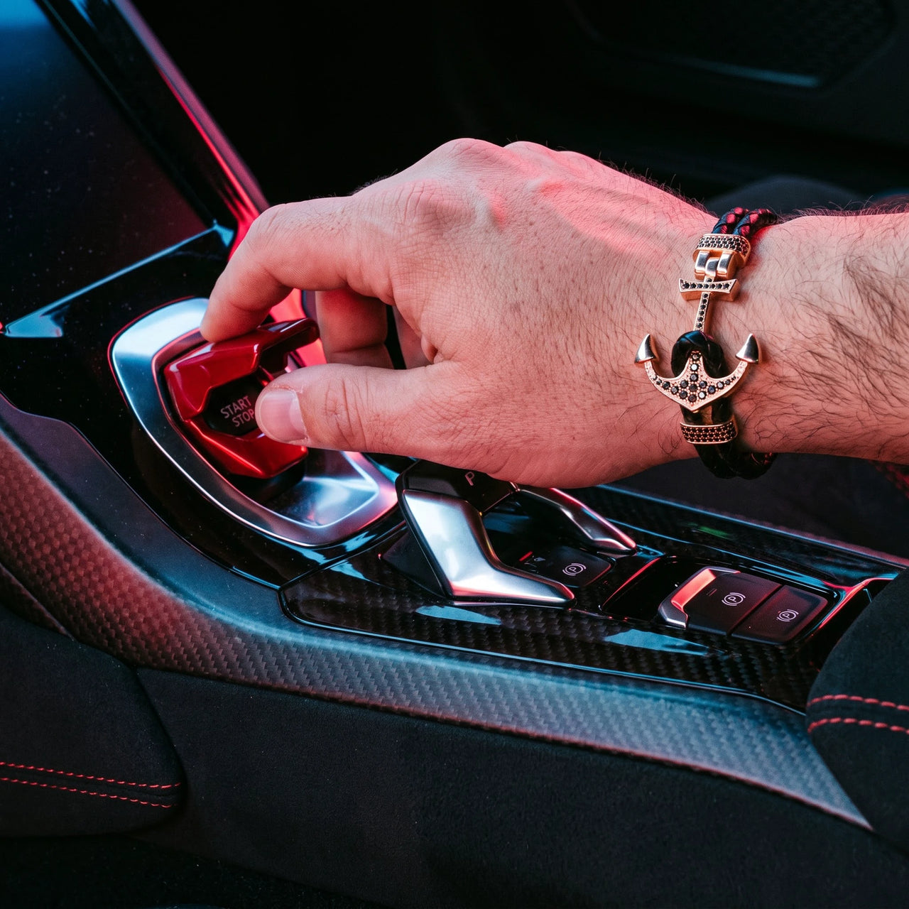 Rose Gold Anchor – pressing a Lamborghini start button | Brother & Sisters | SKU: 3621358-rose-gold-XS-14-15, 3621358-rose-gold-S-16-17, 3621358-rose-gold-M-18-19, 3621358-rose-gold-L-20-21, 3621358-rose-gold-XL-22-23