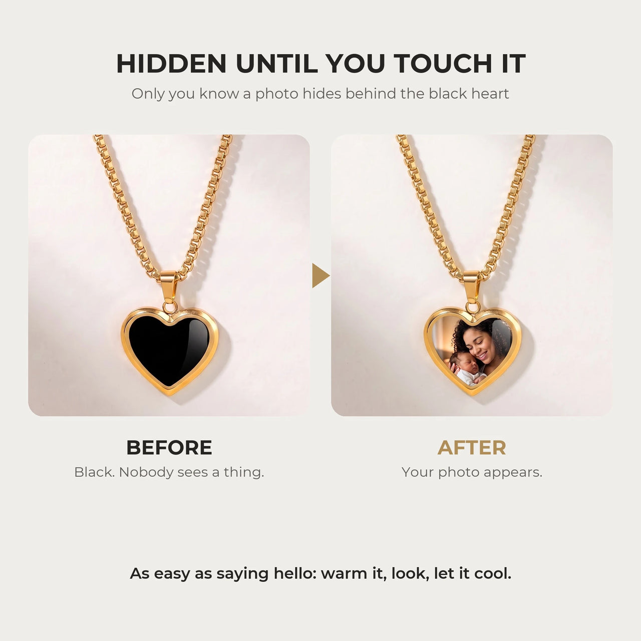 Before and after: the gold heart pendant turns from black to the hidden photo with the warmth of a touch | SKU: TPH-CHTN-GOLD-SMALL