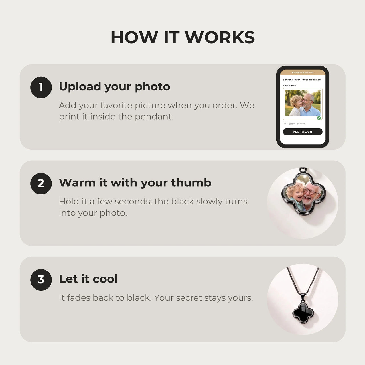 How it works: upload your photo, warm the clover pendant with your thumb, let it cool back to black | SKU: TPH-CLVN-BLACK