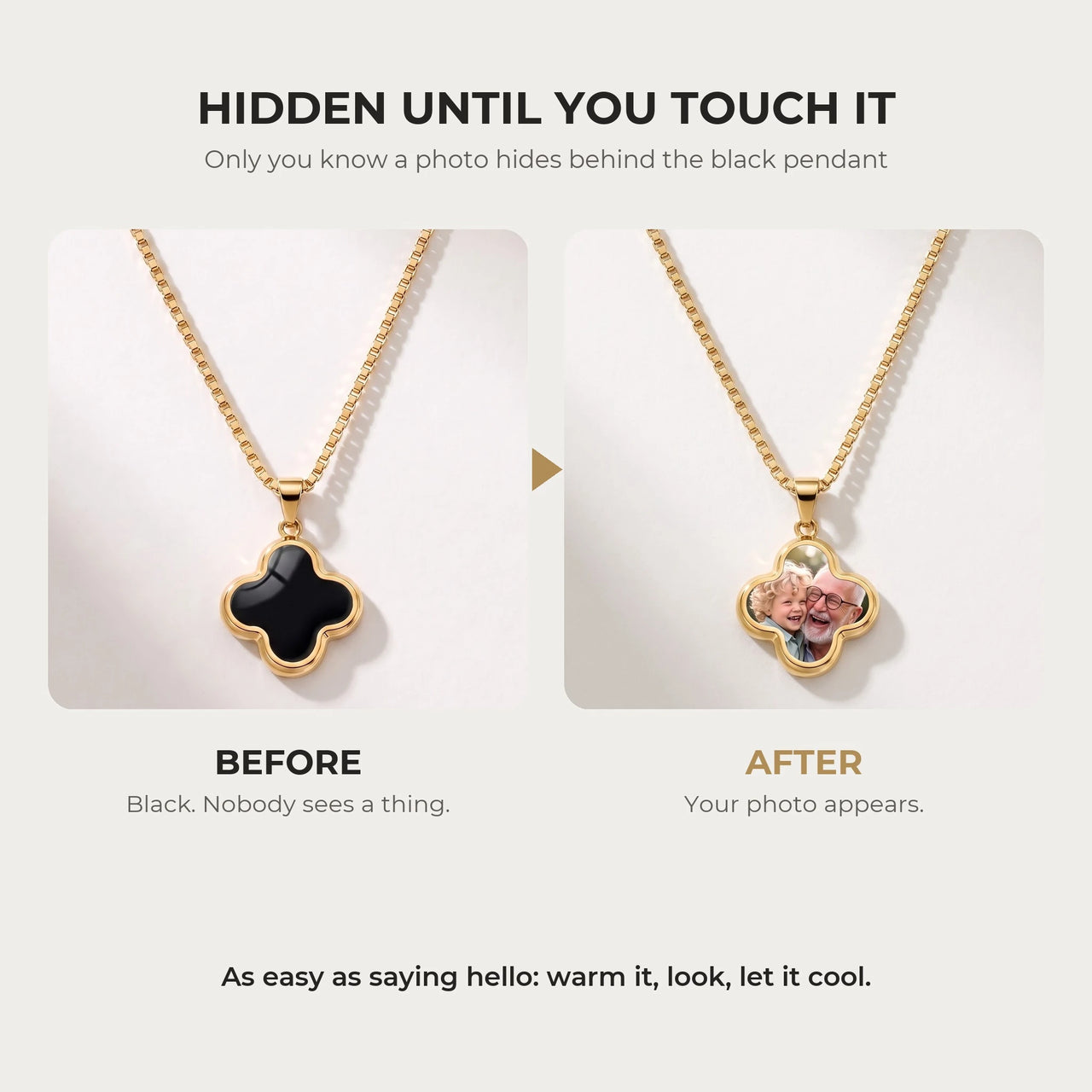 Before and after: the clover pendant of the gold necklace turns from black to the hidden photo with the warmth of a touch | SKU: TPH-CLVN-GOLD