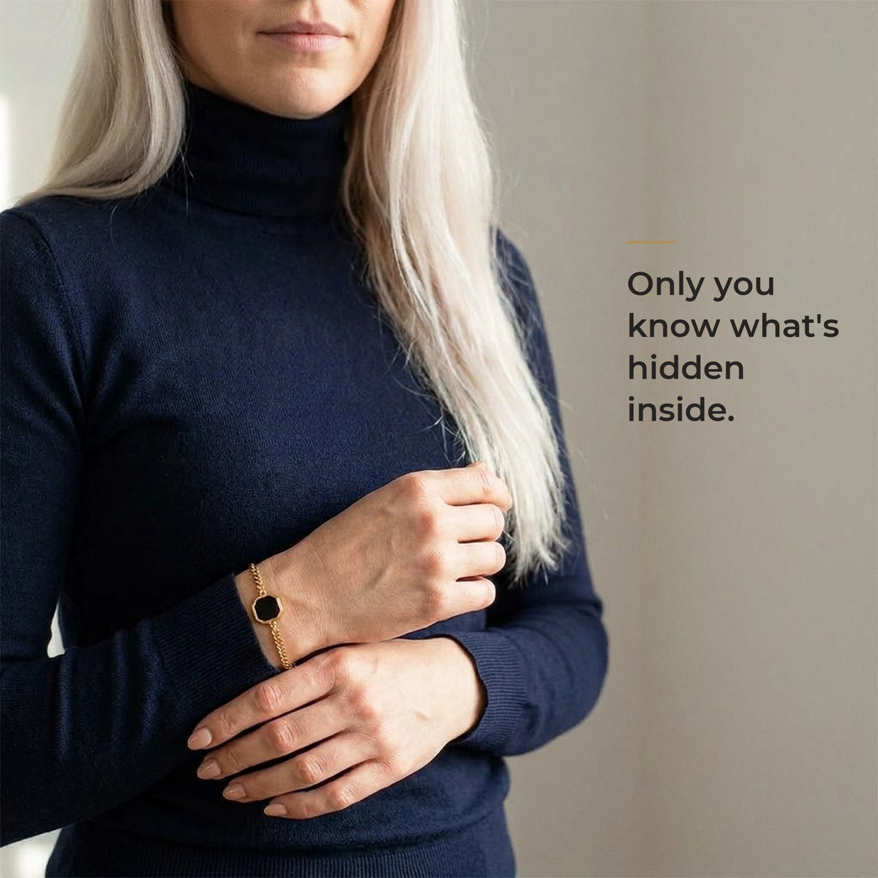 Woman wearing the gold bracelet with its black octagon charm, only she knows the photo inside | SKU: TPH-OCTB-GOLD-18