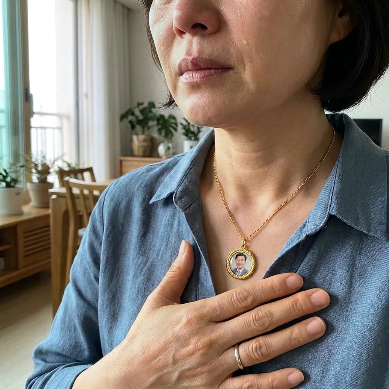 Woman moved to tears, her hand on the gold round photo necklace holding a late loved one's photo | SKU: TPH-RNDN-GOLD