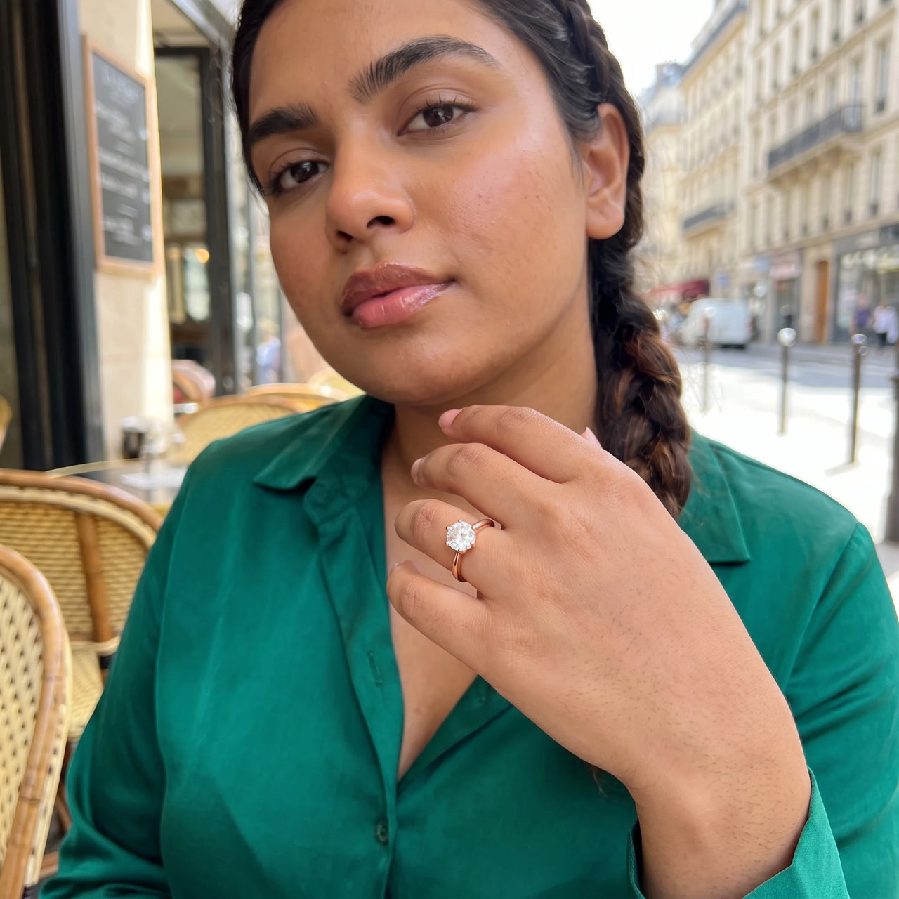 Rose gold solitaire engagement ring — worn, everyday gesture, rose gold | SKU: 33759698-4.5-rose-gold