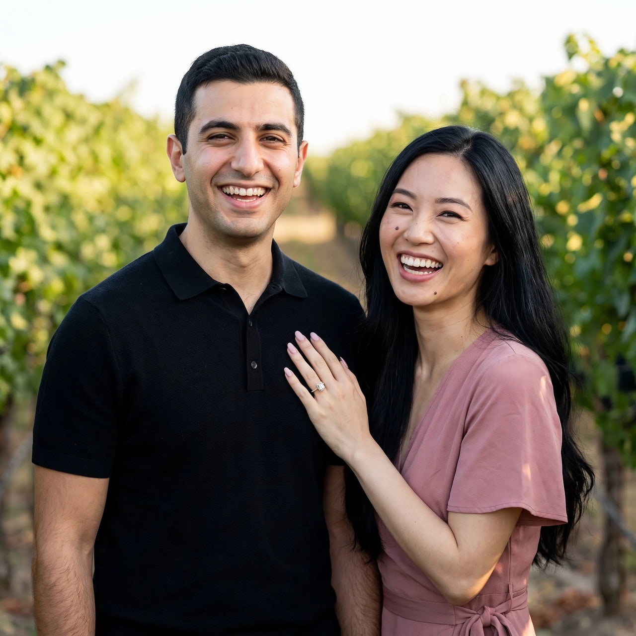 Radiant cut engagement ring — worn by a couple, rose gold | SKU: 1969566-4-5-rose-gold