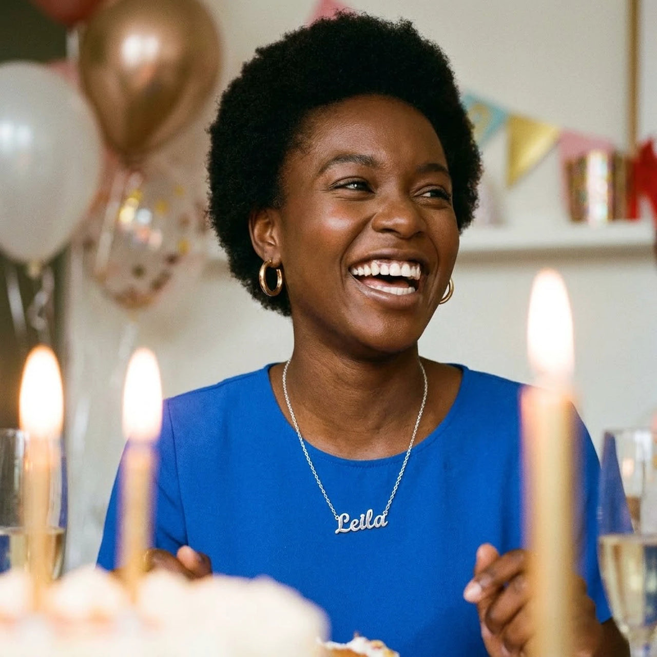Minimalist Name Necklace in silver worn at a birthday celebration, the name Leila | SKU: minimalistnn-silver